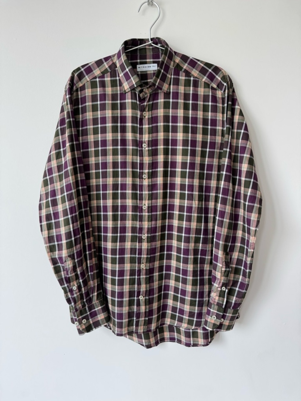 ETRO Men’s Casual Check Pattern Dress Shirt in Olive, Purple & Cream - Size 39